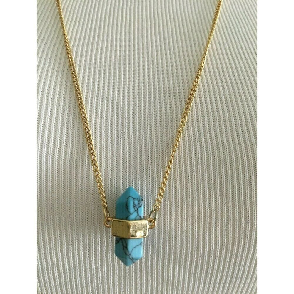 Los Angeles Boutique Long Gold Statement Necklace Faux Turquoise Stone Boho NEW